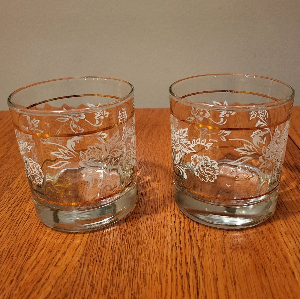 NWT Pasabahce Circle Turkey Art of Glass Double Old Fashioned Gold Rim Floral